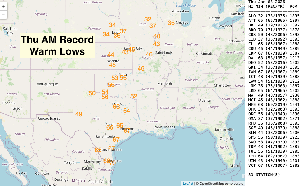 Map showing record warm low temperatures across the central United States for Thursday, January 8, 2026, with temperatures marked in various cities.
