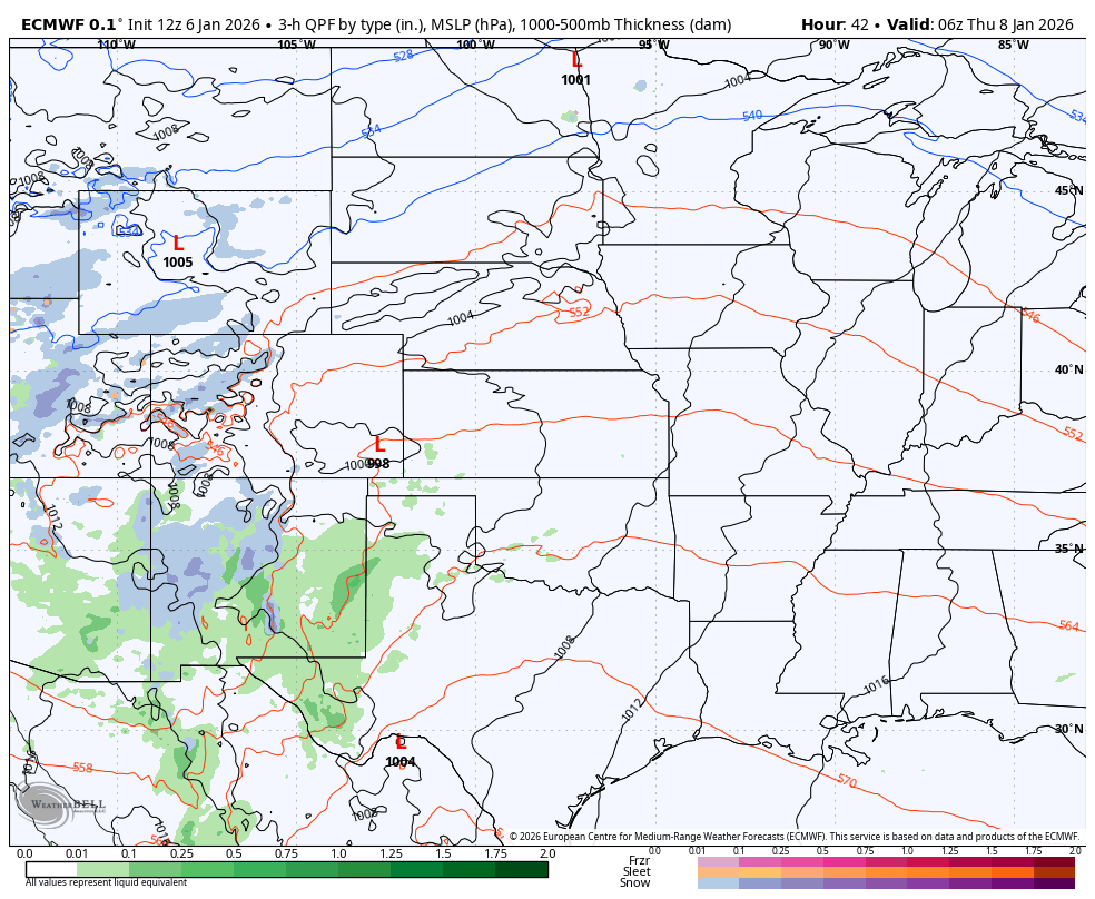 Weather forecast map showing precipitation types across the Central US with rain and snow patterns indicated, along with isobars and pressure values.