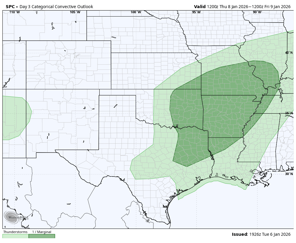 Map showing the Day 3 Categorical Convective Outlook, highlighting regions in green and dark green indicating areas of marginal to slight thunderstorm risk across parts of the Central and Eastern United States, valid from January 8 to January 9, 2026.