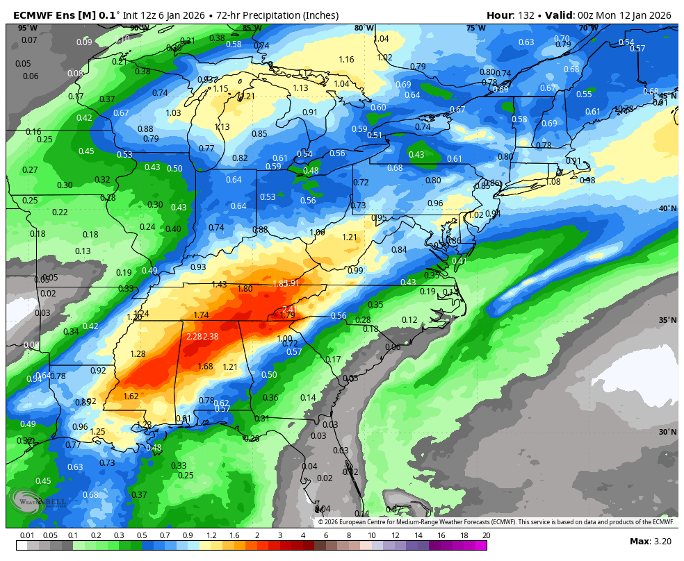 Weather forecast map showing predicted precipitation in the Eastern US, with varying amounts of rain represented by different colors.