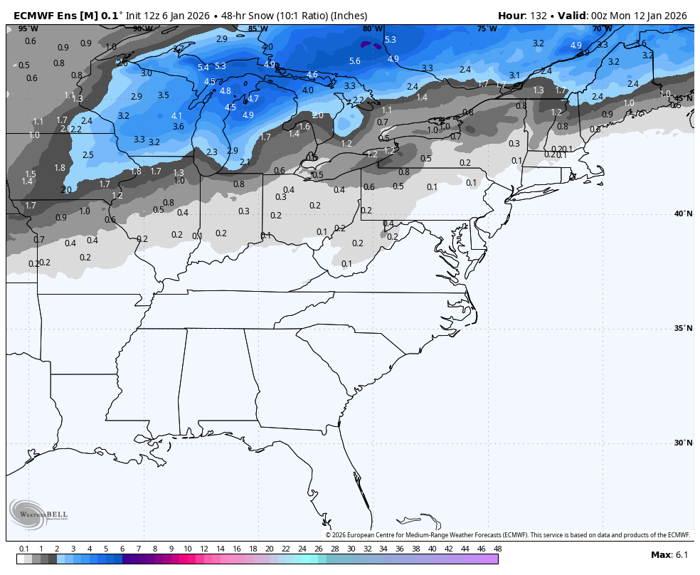 Weather map showing projected snowfall totals across the eastern United States for the period of January 6-12, 2026.