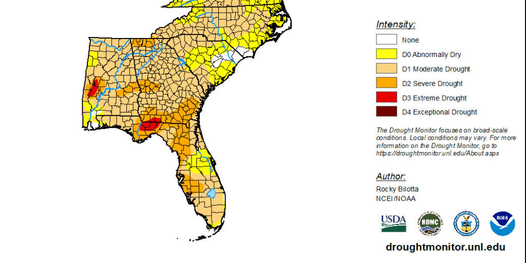 Map showing drought intensity across the Southeastern United States with color-coded categories ranging from 'None' to 'Exceptional Drought'.