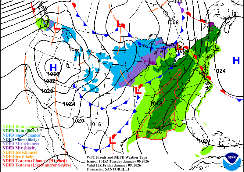 Weather map showing precipitation types across the United States, including rain and snow forecast for various regions.