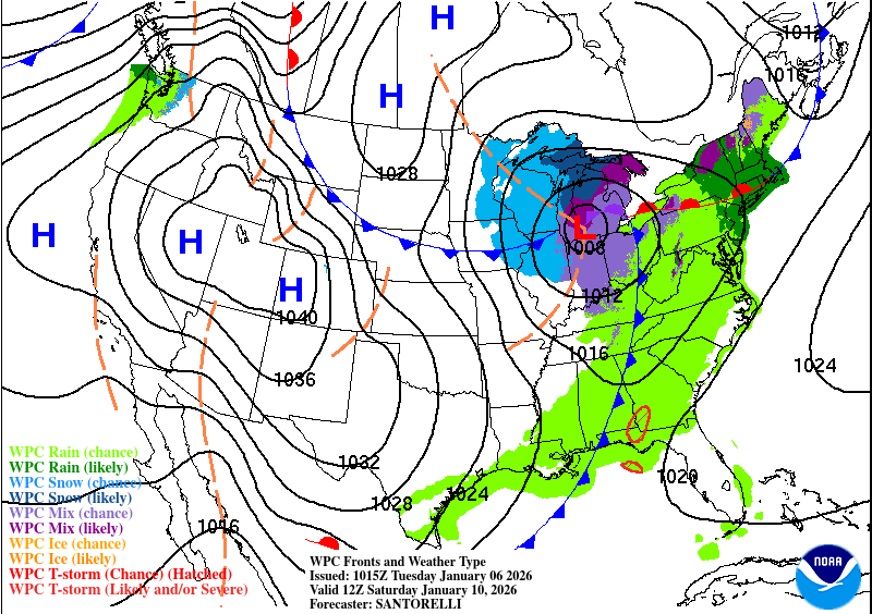 Weather map illustrating various precipitation types, including rain and snow forecasts, along with pressure systems across the United States.