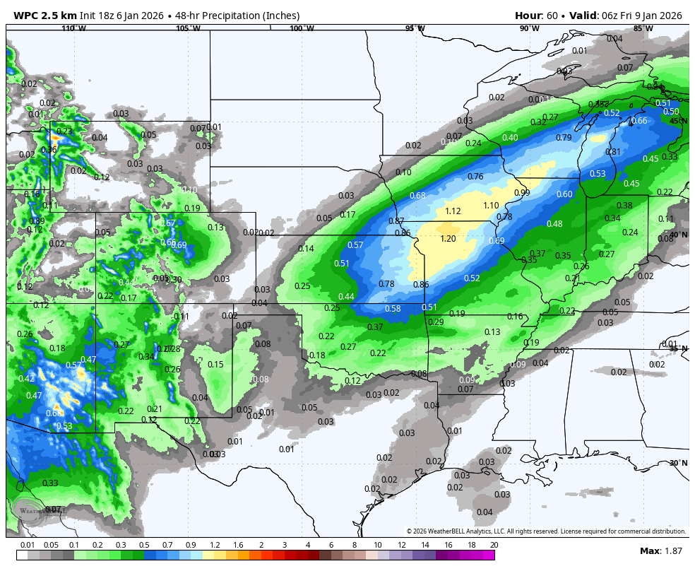 Precipitation forecast map showing expected rainfall and snow across the Southwestern and Central US, with color gradient indicating varying amounts.